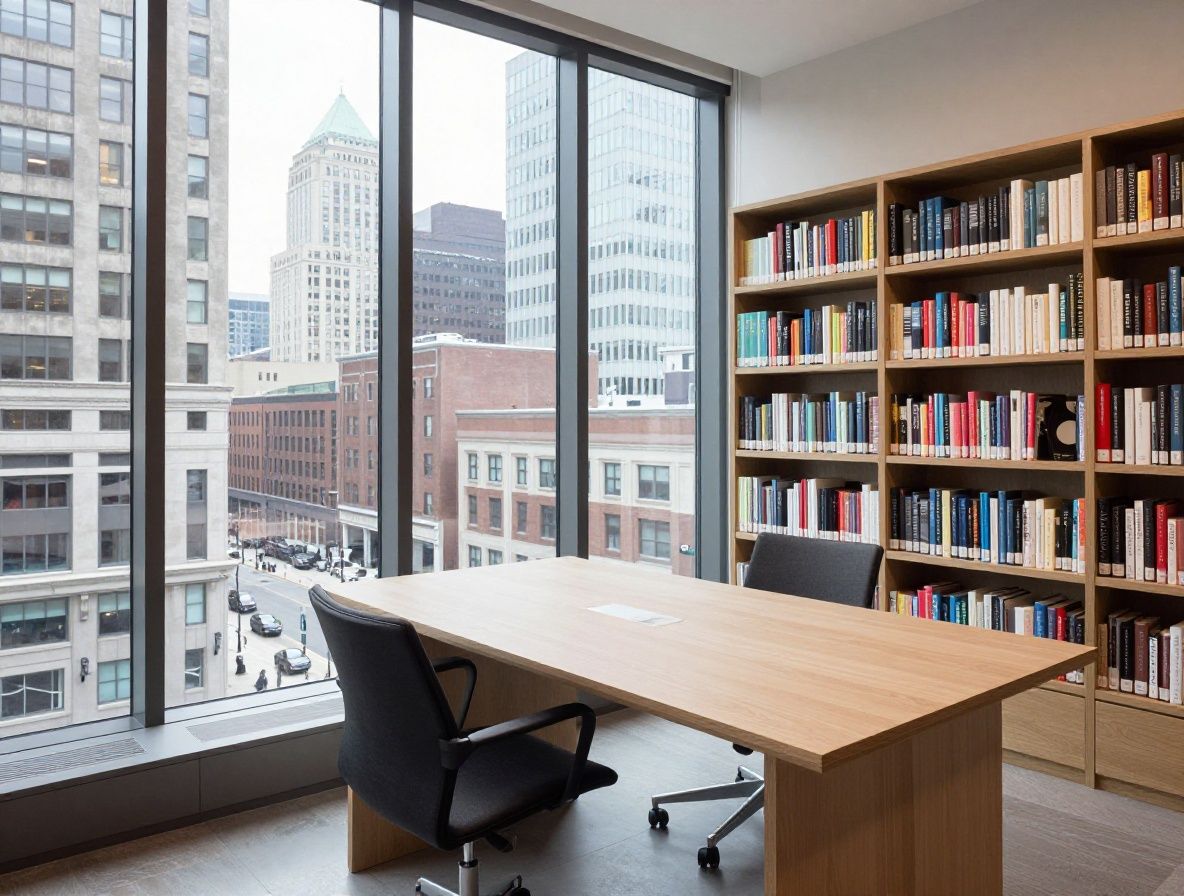 Современный редакционный офис Nexora в Филадельфии с панорамными окнами, минималистичными рабочими столами, библиотечными стеллажами с книгами о моде и искусстве и видом на исторический центр города