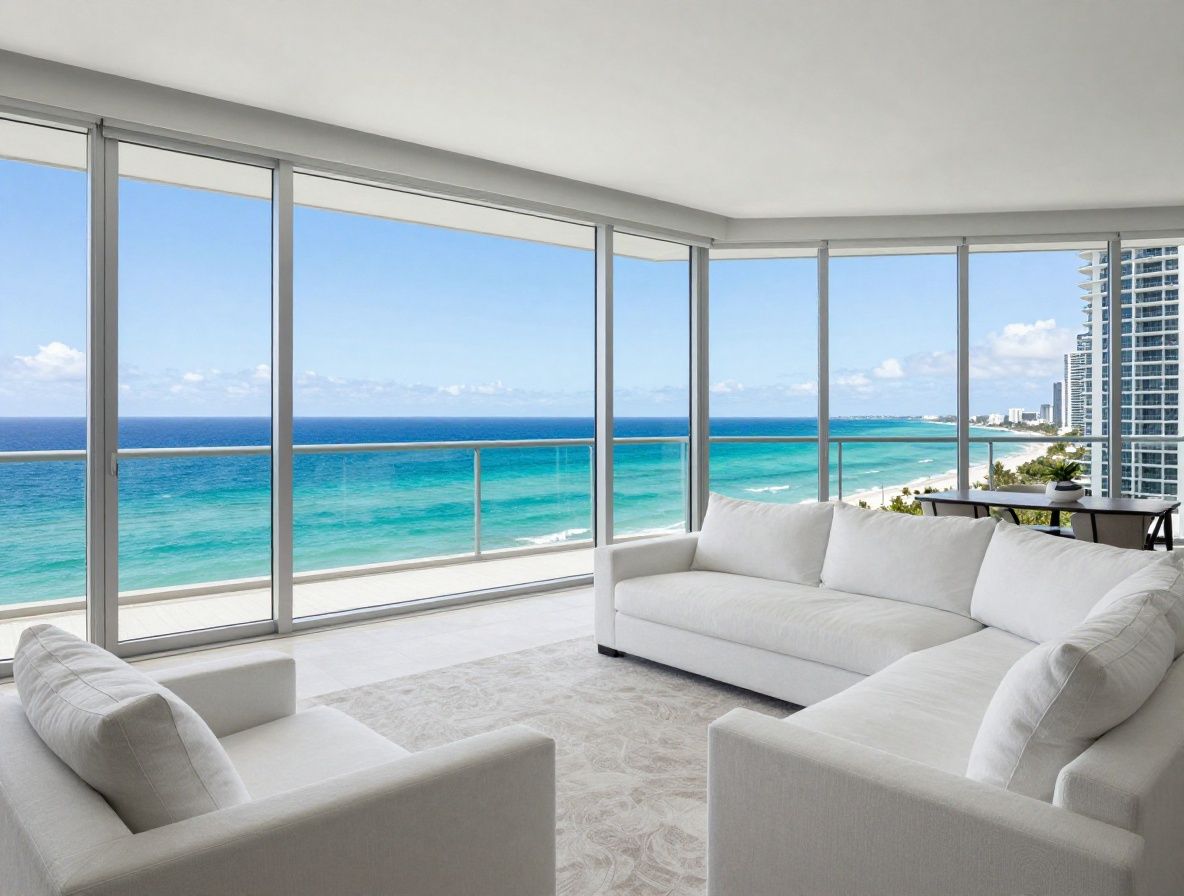 Просторная гостиная элитных апартаментов в Майами с напольными окнами в пол, панорамным видом на бирюзовый Атлантический океан и белоснежным минималистичным интерьером