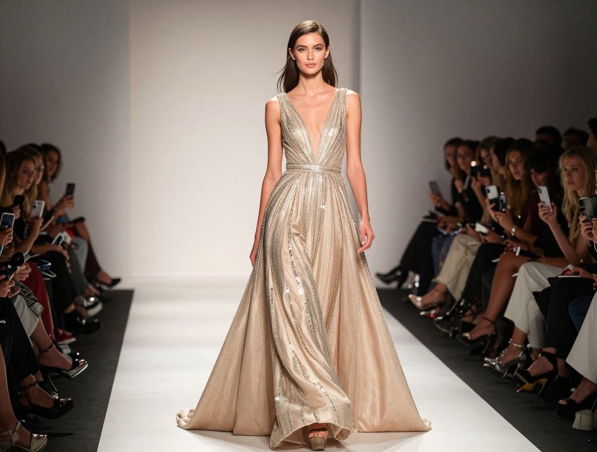 Роскошный модный показ в элегантном нью-йоркском зале, модель в золотом вечернем платье от кутюр идёт по подиуму под драматичным освещением