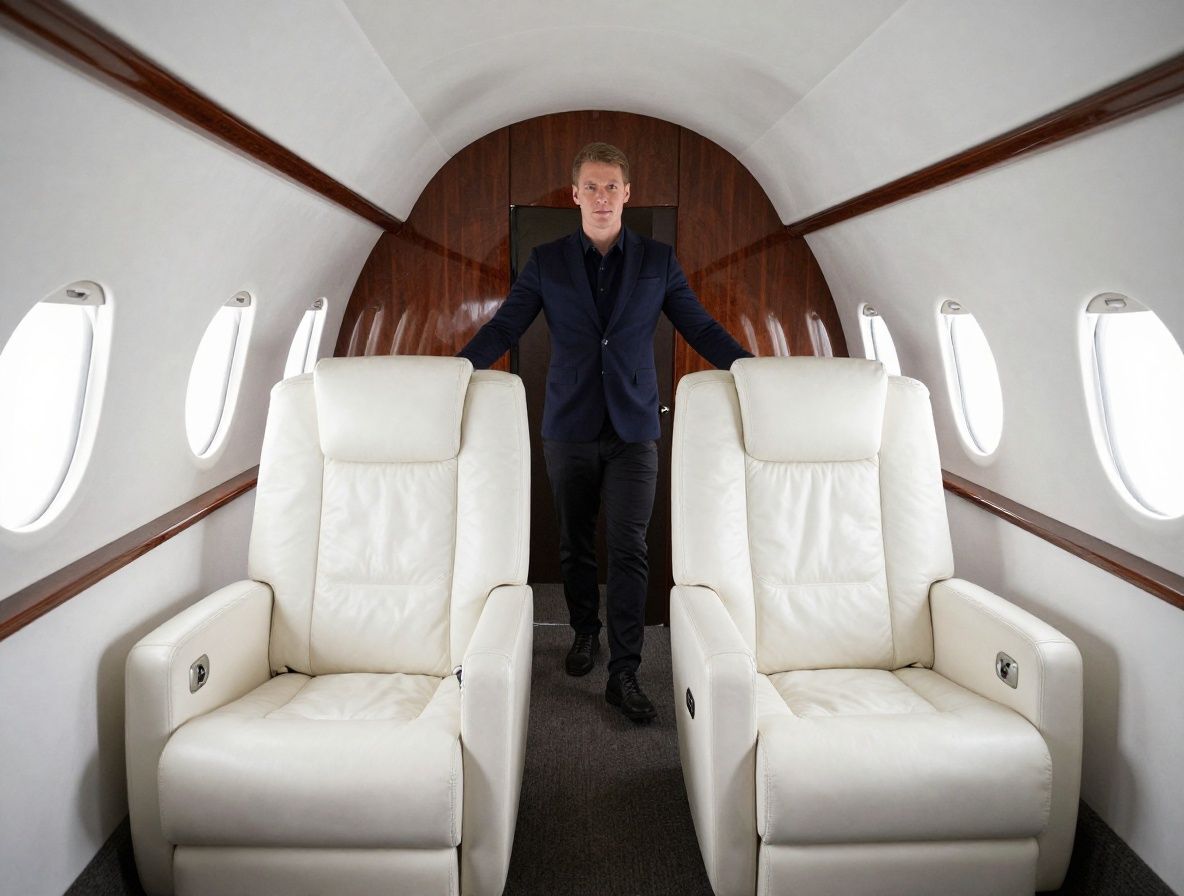 Салон роскошного частного самолёта Gulfstream G700 с кожаными белыми креслами, деревянными панелями и панорамными иллюминаторами над облаками