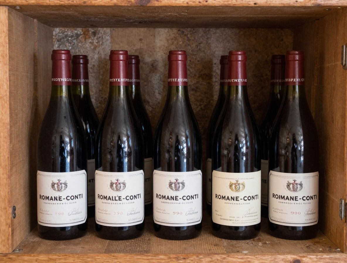Бутылка редкого бургундского вина Romanée-Conti урожая 1990 года в тёмном винном погребе с каменными стенами, в окружении других коллекционных бутылок