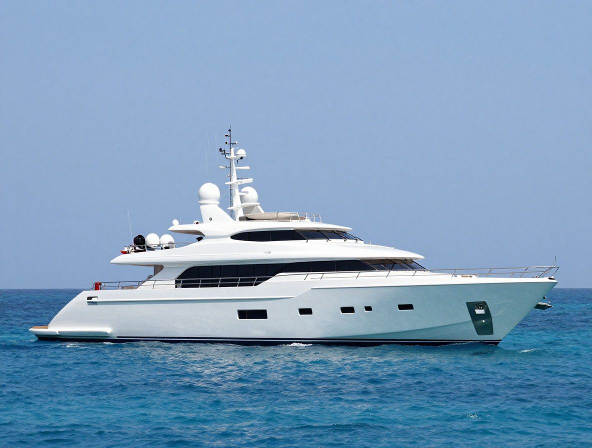 Белоснежная суперяхта длиной 80 метров скользит по лазурным водам Карибского моря на закате, с многоуровневыми палубами и вертолётной площадкой