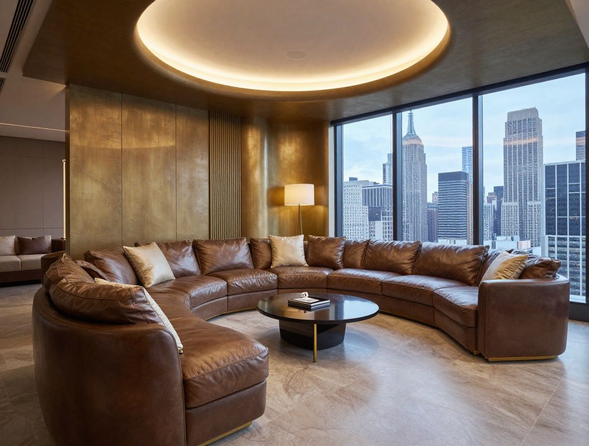 Роскошный пентхаус в Нью-Йорке с панорамным видом на Манхэттен, современный интерьер с кожаными диванами и золотыми акцентами в вечернее время